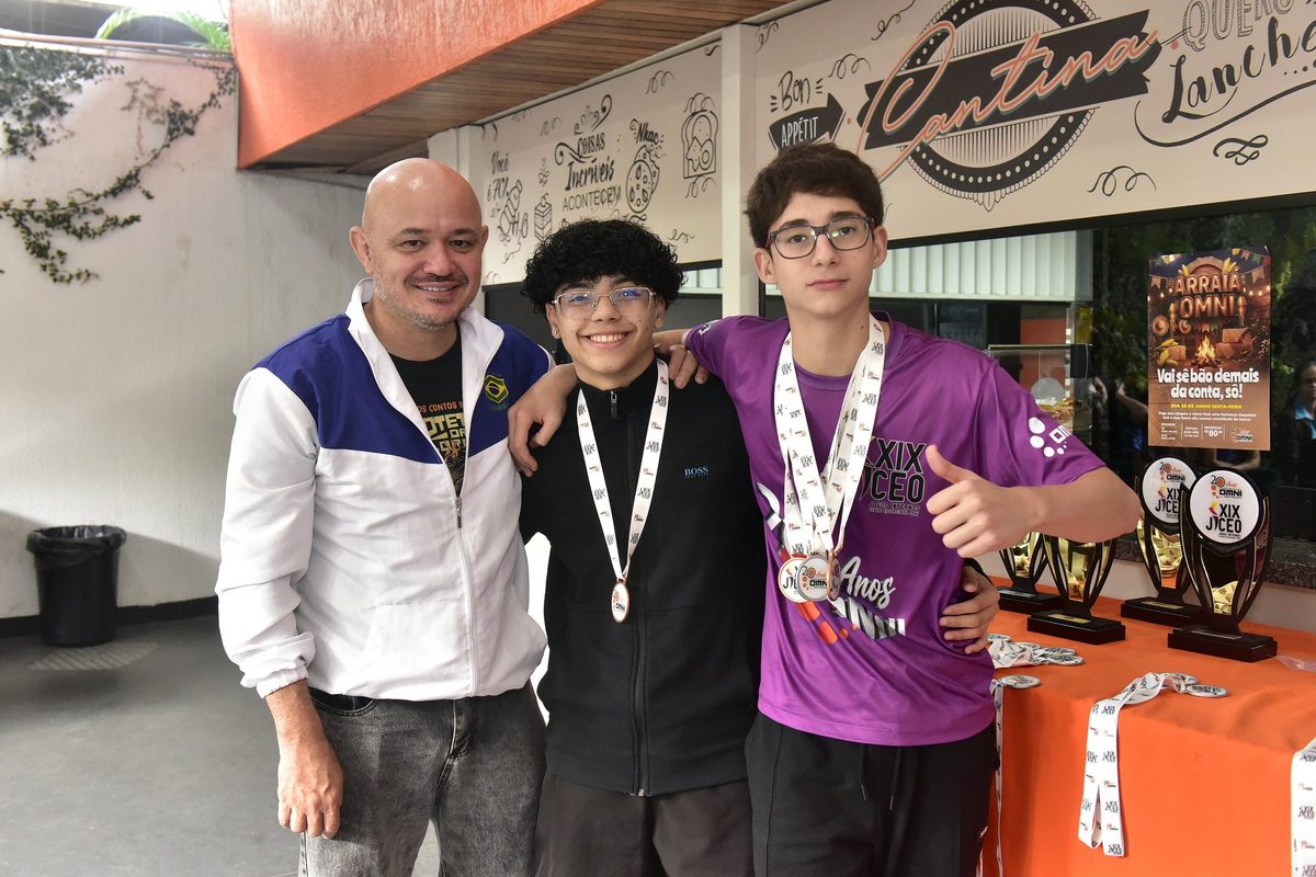 Professor do OMNI com alunos medalhados no JICEO, ao lado dos troféus